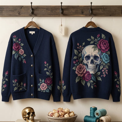 Gothic Skull and Roses Floral Knitted Cardigan – Relaxed Oversized Unisex Fit - mockup 3