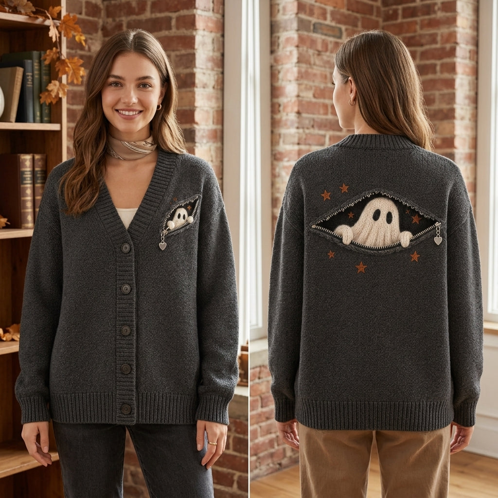 Spooky Ghost Peeking Zipper Knitted Cardigan – Cute Halloween Layering Piece - mockup 1