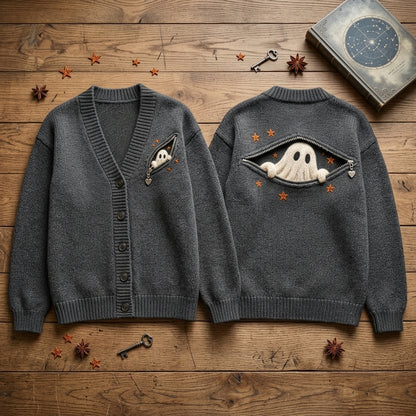 Spooky Ghost Peeking Zipper Knitted Cardigan – Cute Halloween Layering Piece - mockup 2