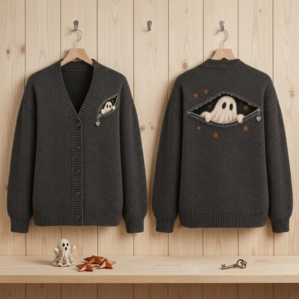 Spooky Ghost Peeking Zipper Knitted Cardigan – Cute Halloween Layering Piece - mockup 3