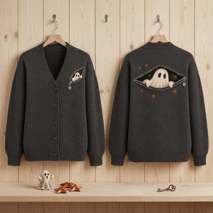 Spooky Ghost Peeking Zipper Knitted Cardigan – Cute Halloween Layering Piece - mockup 3