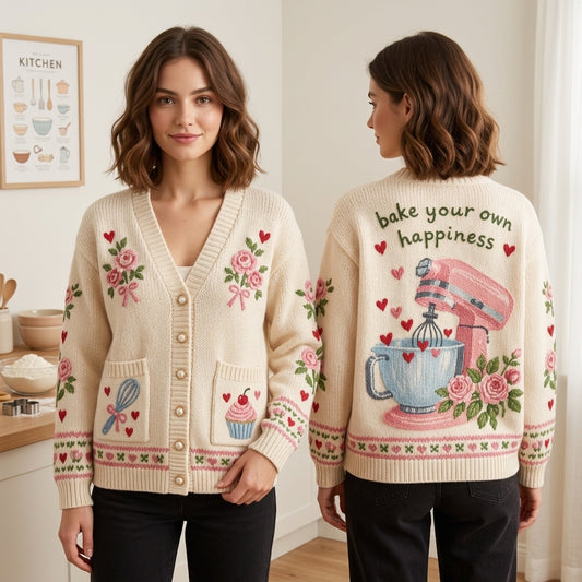 Baking Knitted Cardigan - Bake Your Own Happiness Floral Oversized Sweater - mockup 1