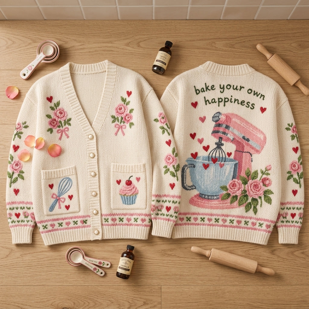 Baking Knitted Cardigan - Bake Your Own Happiness Floral Oversized Sweater - mockup 2