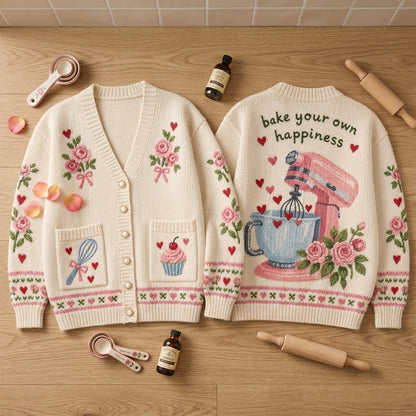 Baking Knitted Cardigan - Bake Your Own Happiness Floral Oversized Sweater - mockup 2