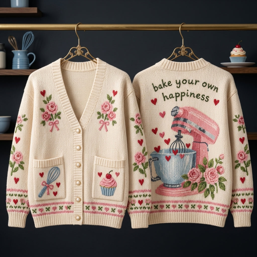 Baking Knitted Cardigan - Bake Your Own Happiness Floral Oversized Sweater - mockup 3