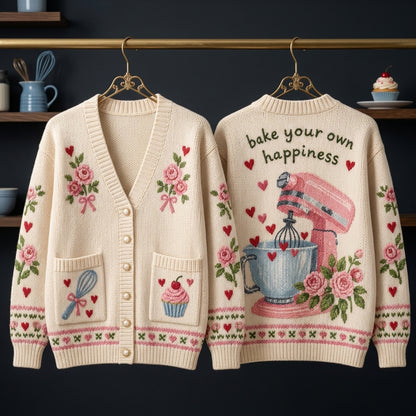 Baking Knitted Cardigan - Bake Your Own Happiness Floral Oversized Sweater - mockup 3