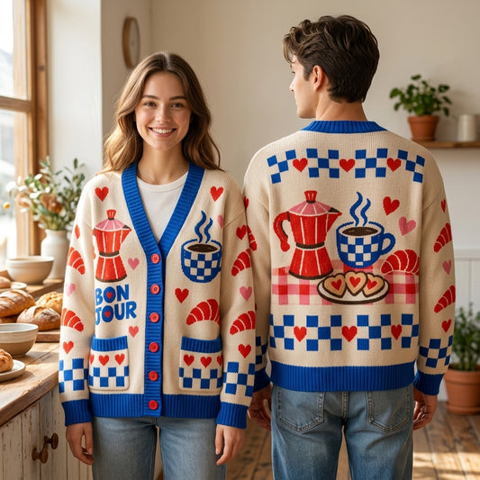 Bonjour French Breakfast Coffee Knitted Cardigan – Oversized V-Neck Sweater - mockup 1