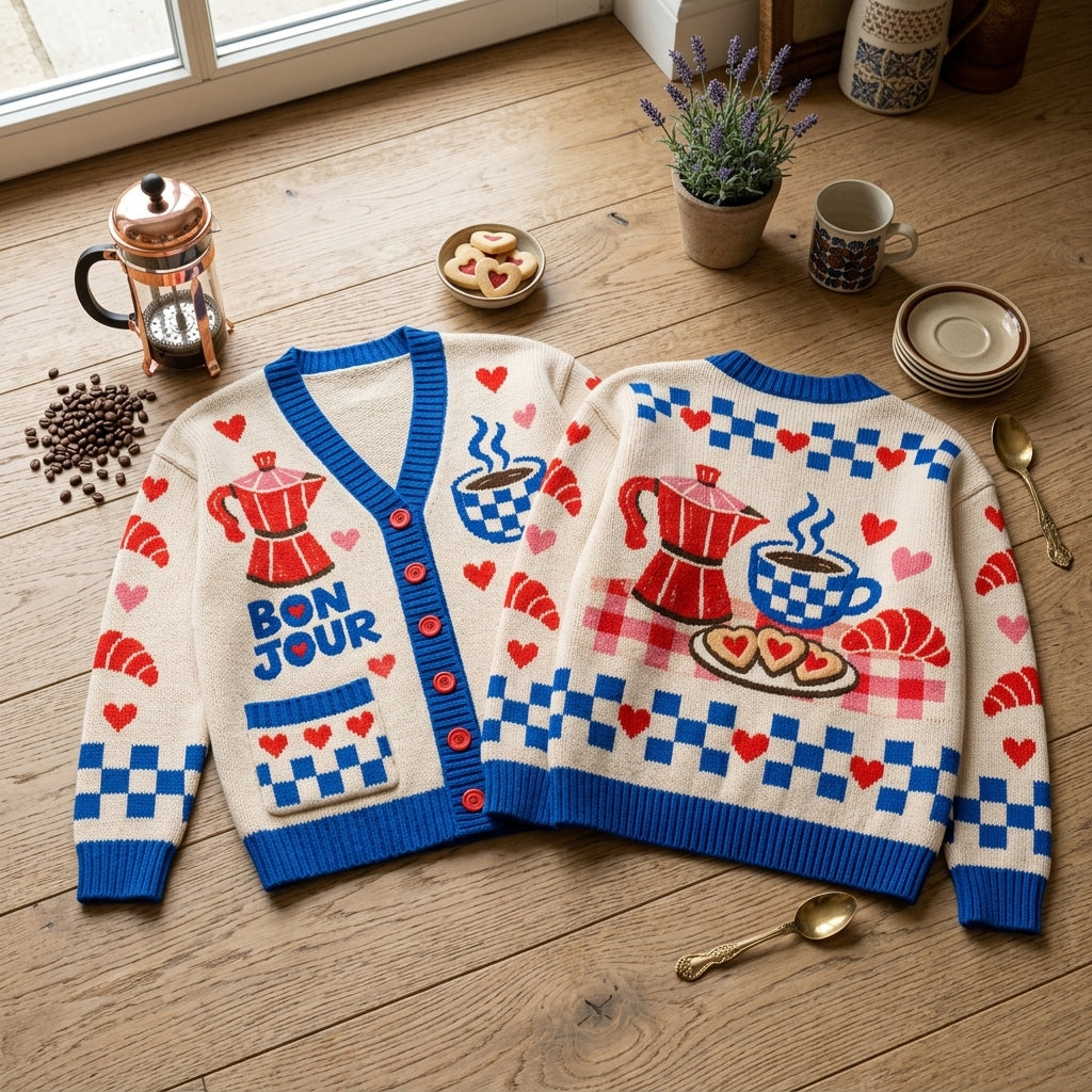 Bonjour French Breakfast Coffee Knitted Cardigan – Oversized V-Neck Sweater - mockup 2