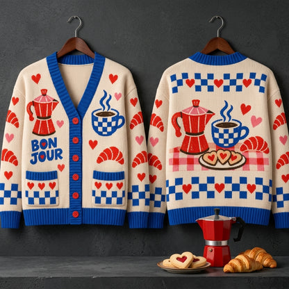 Bonjour French Breakfast Coffee Knitted Cardigan – Oversized V-Neck Sweater - mockup 3