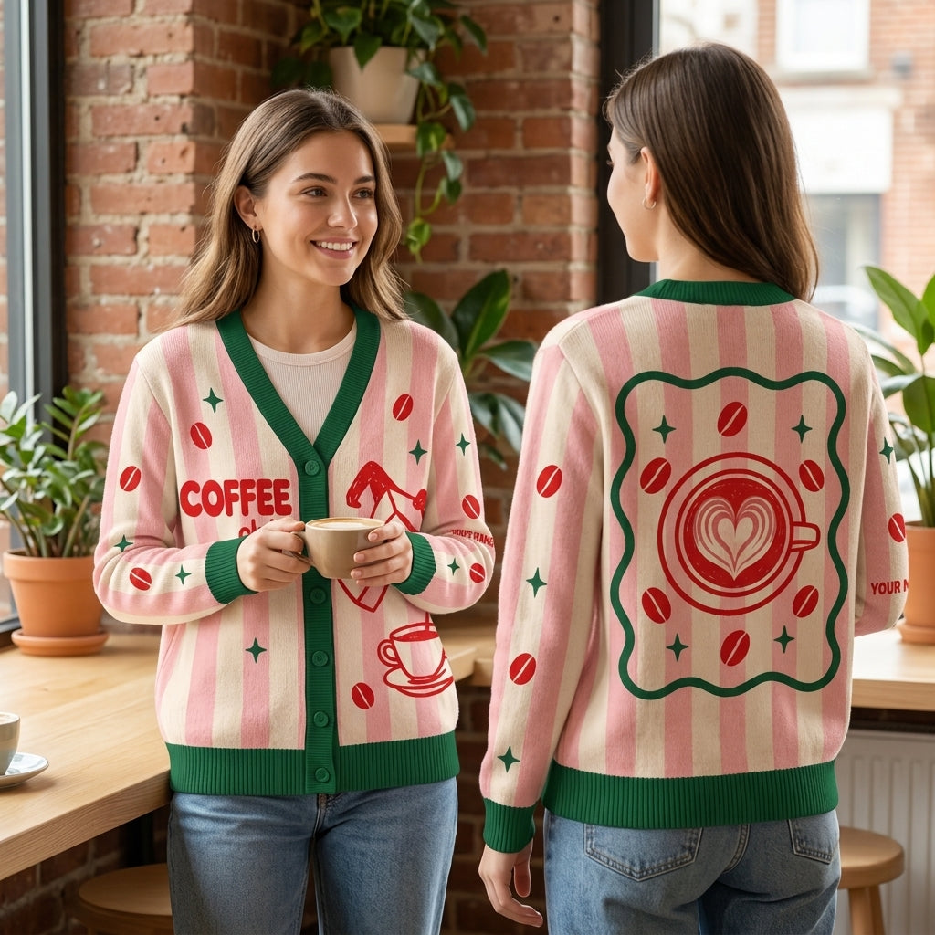 Personalized Coffee Club Knitted Cardigan – Custom Coffee Lover Gift - mockup 1