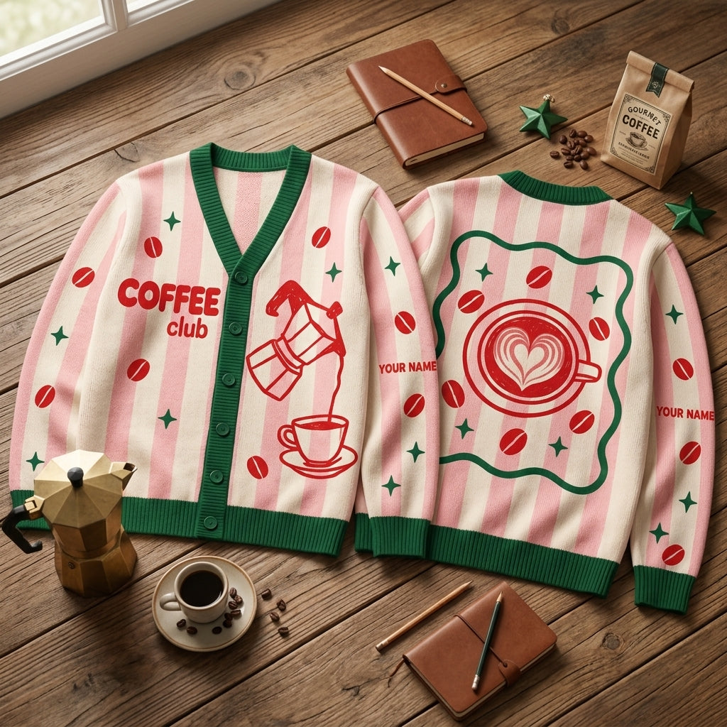 Personalized Coffee Club Knitted Cardigan – Custom Coffee Lover Gift - mockup 2