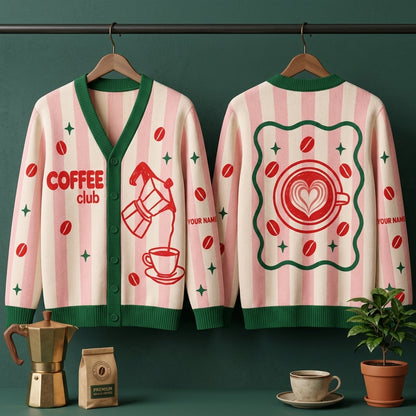 Personalized Coffee Club Knitted Cardigan – Custom Coffee Lover Gift - mockup 3
