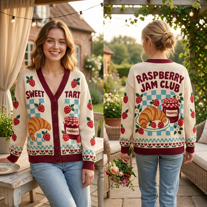 Raspberry Jam Club Croissant Knitted Cardigan – Cozy Foodie Apparel - mockup 1