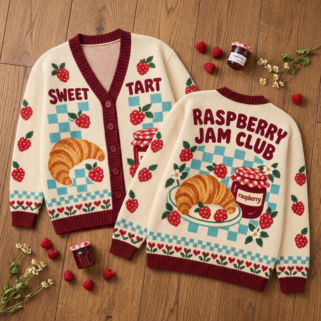 Raspberry Jam Club Croissant Knitted Cardigan – Cozy Foodie Apparel - mockup 2