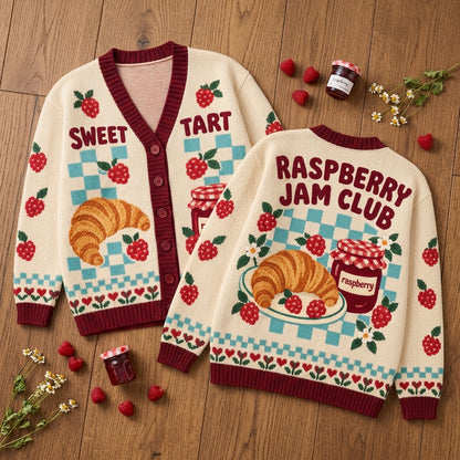 Raspberry Jam Club Croissant Knitted Cardigan – Cozy Foodie Apparel - mockup 2