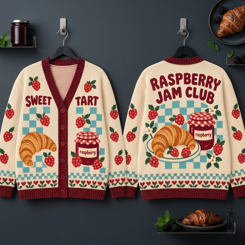 Raspberry Jam Club Croissant Knitted Cardigan – Cozy Foodie Apparel - mockup 3