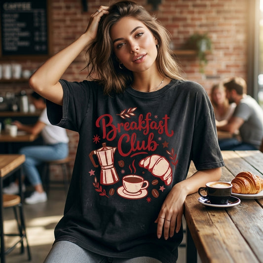 Breakfast Club Coffee and Croissant T-shirt Sweatshirt Hoodie – Cozy Brunch Gift - mockup 1