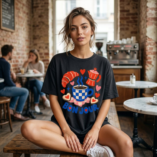 Bon Jour French Cafe Breakfast T-shirt Sweatshirt Hoodie – Coffee Lover Gift - mockup 1