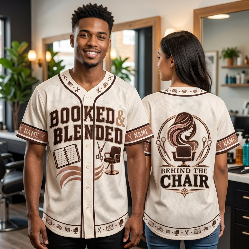 Personalized Booked and Blended Hairstylist Baseball Jersey - Custom Salon Professional Apparel - mockup 1