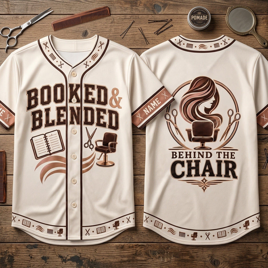 Personalized Booked and Blended Hairstylist Baseball Jersey - Custom Salon Professional Apparel - mockup 2
