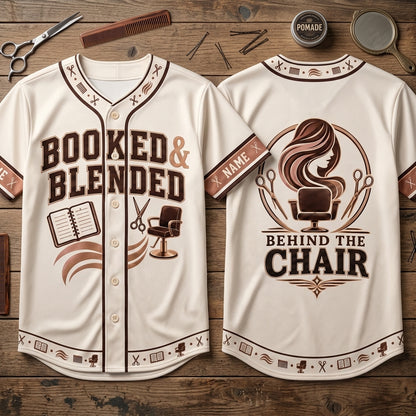 Personalized Booked and Blended Hairstylist Baseball Jersey - Custom Salon Professional Apparel - mockup 2