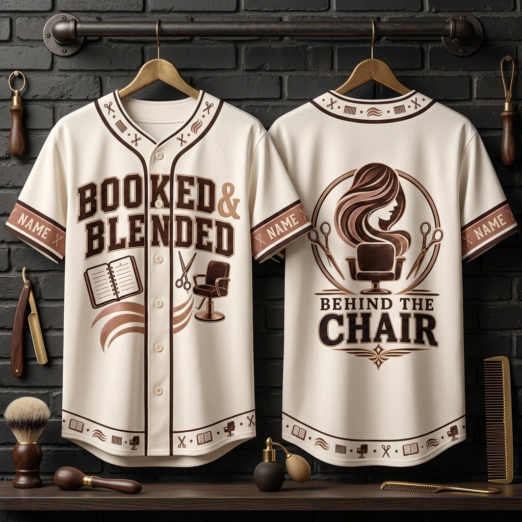 Personalized Booked and Blended Hairstylist Baseball Jersey - Custom Salon Professional Apparel - mockup 3