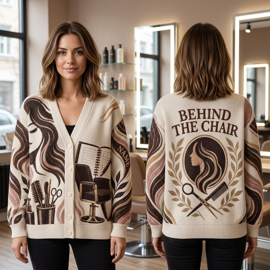 Custom Booked and Blended Hairstylist Knitted Cardigan – Behind the Chair Salon Gift - mockup 1