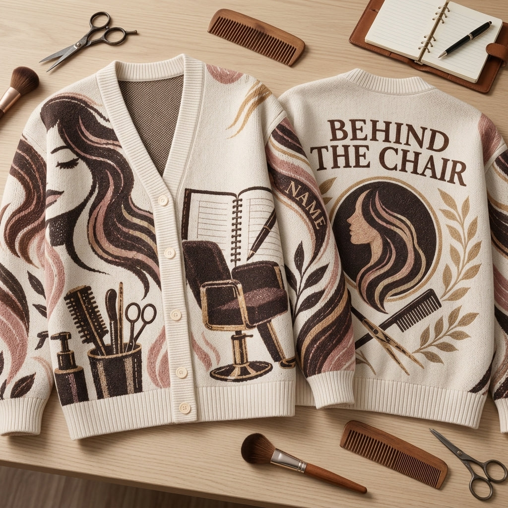 Custom Booked and Blended Hairstylist Knitted Cardigan – Behind the Chair Salon Gift - mockup 2