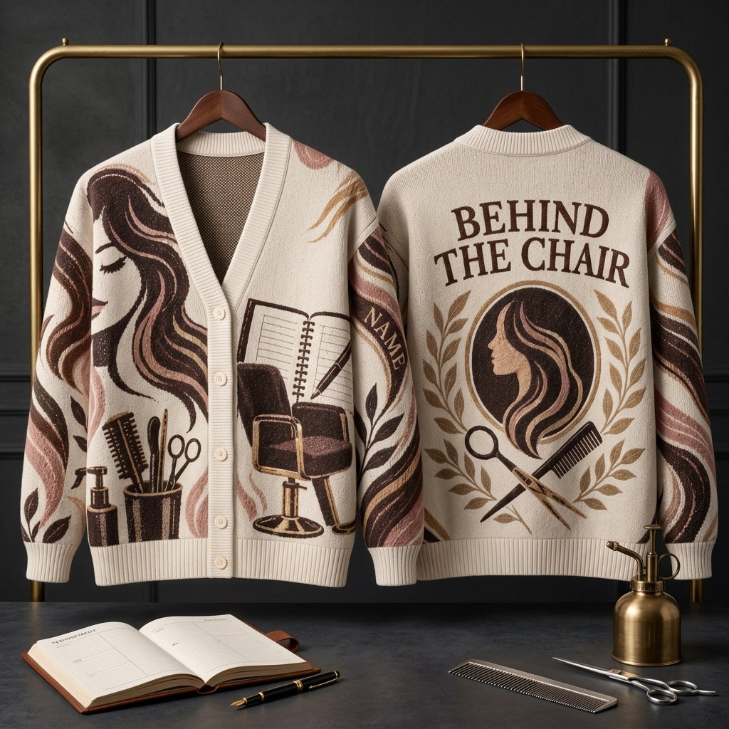 Custom Booked and Blended Hairstylist Knitted Cardigan – Behind the Chair Salon Gift - mockup 3