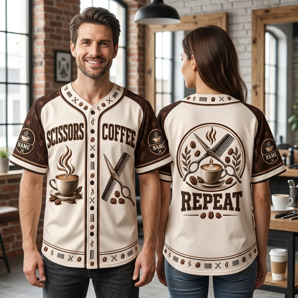 Personalized Scissors Coffee Hairdresser Baseball Jersey – Custom Stylist Gift - mockup 1