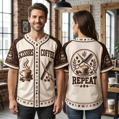 Personalized Scissors Coffee Hairdresser Baseball Jersey – Custom Stylist Gift - mockup 1