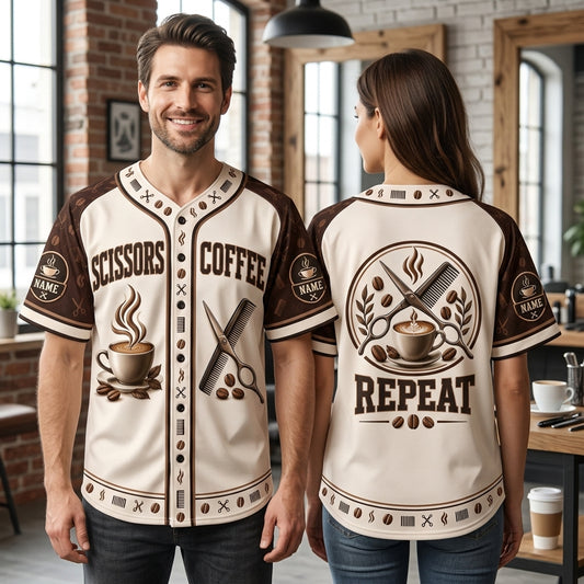 Personalized Scissors Coffee Hairdresser Baseball Jersey – Custom Stylist Gift - mockup 1