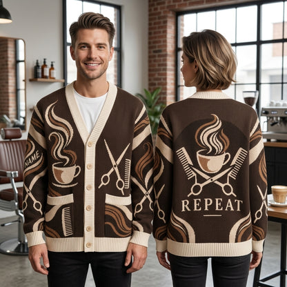 Personalized Scissors Coffee Hairdresser Knitted Cardigan – Stylist Gift - mockup 1