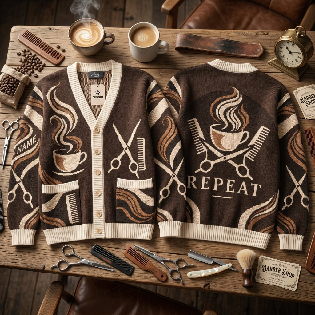Personalized Scissors Coffee Hairdresser Knitted Cardigan – Stylist Gift - mockup 2