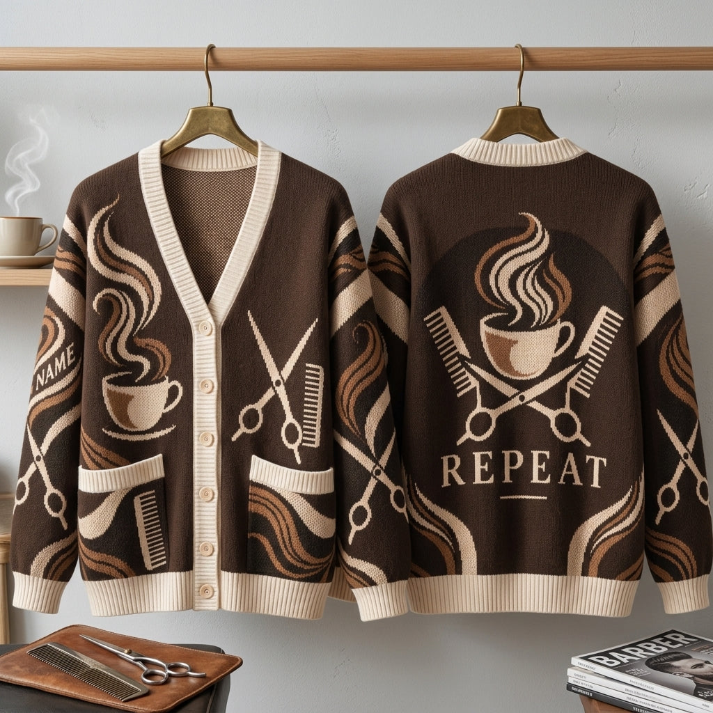 Personalized Scissors Coffee Hairdresser Knitted Cardigan – Stylist Gift - mockup 3