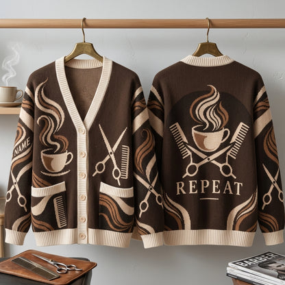 Personalized Scissors Coffee Hairdresser Knitted Cardigan – Stylist Gift - mockup 3