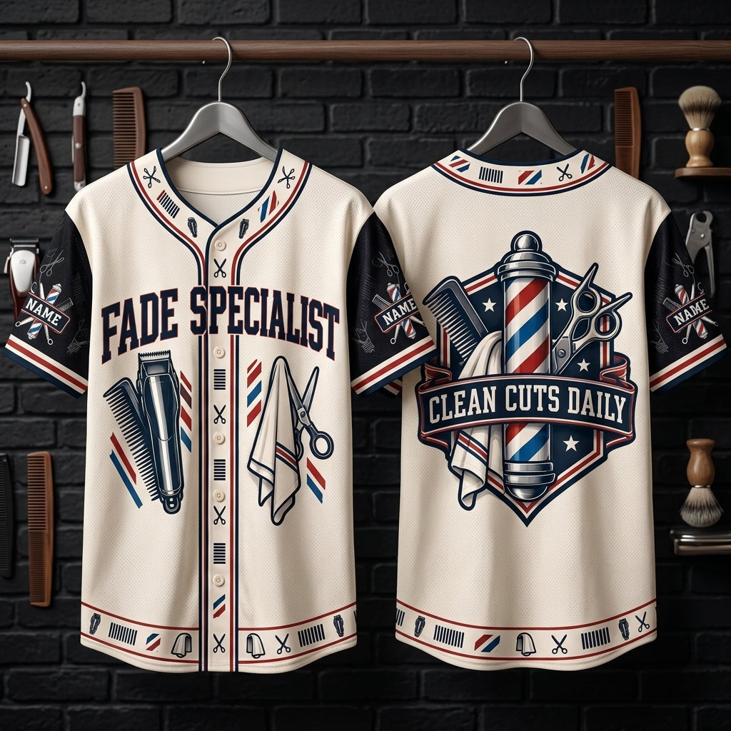 Custom Fade Specialist Barber Baseball Jersey – Professional Stylist Uniform - mockup 3