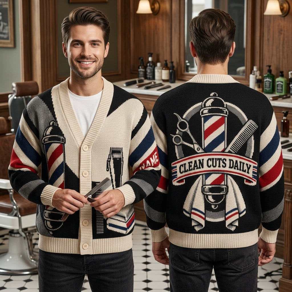 Personalized Fade Specialist Barber Knitted Cardigan - Custom Grooming Gift - mockup 1