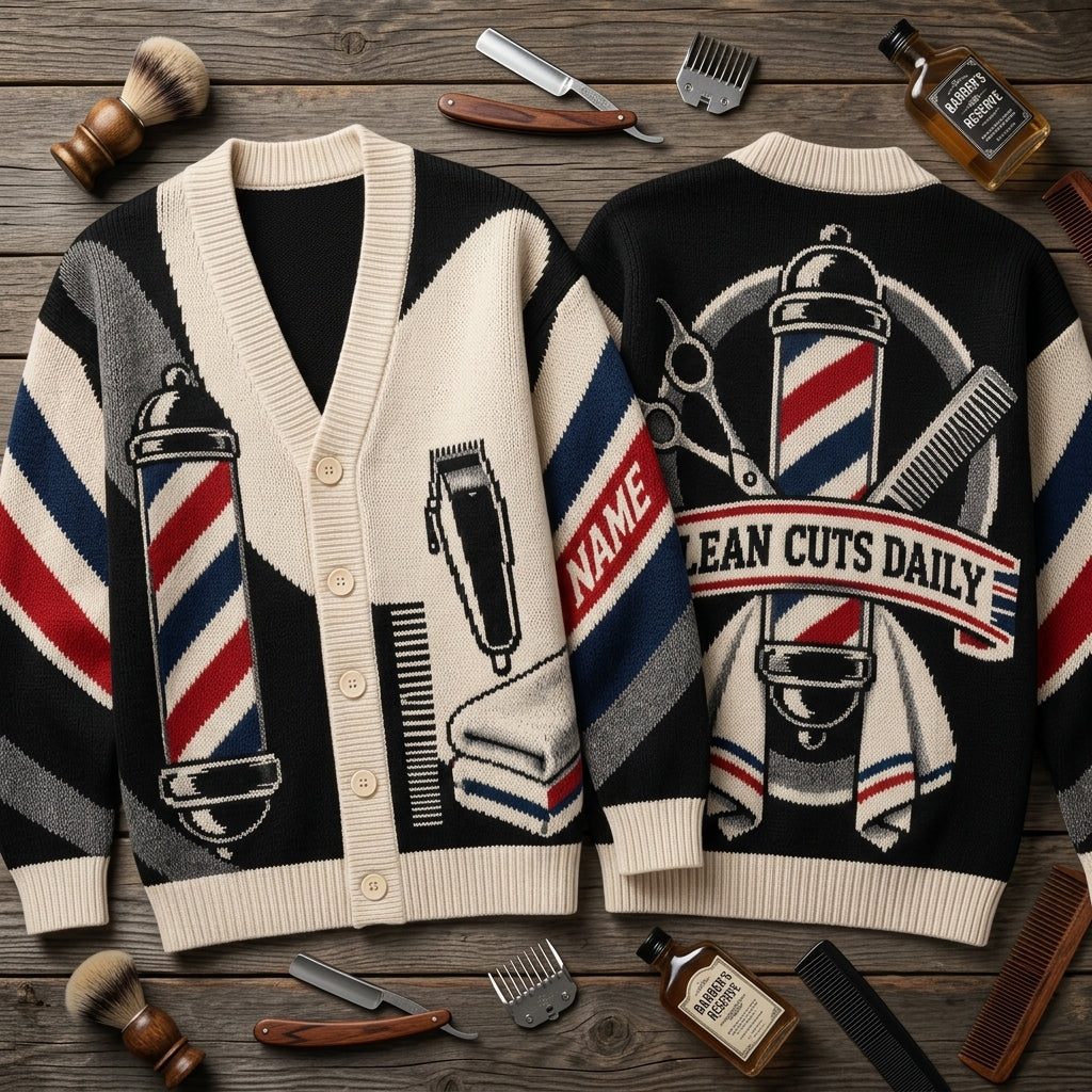 Personalized Fade Specialist Barber Knitted Cardigan - Custom Grooming Gift - mockup 2