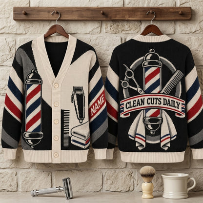 Personalized Fade Specialist Barber Knitted Cardigan - Custom Grooming Gift - mockup 3