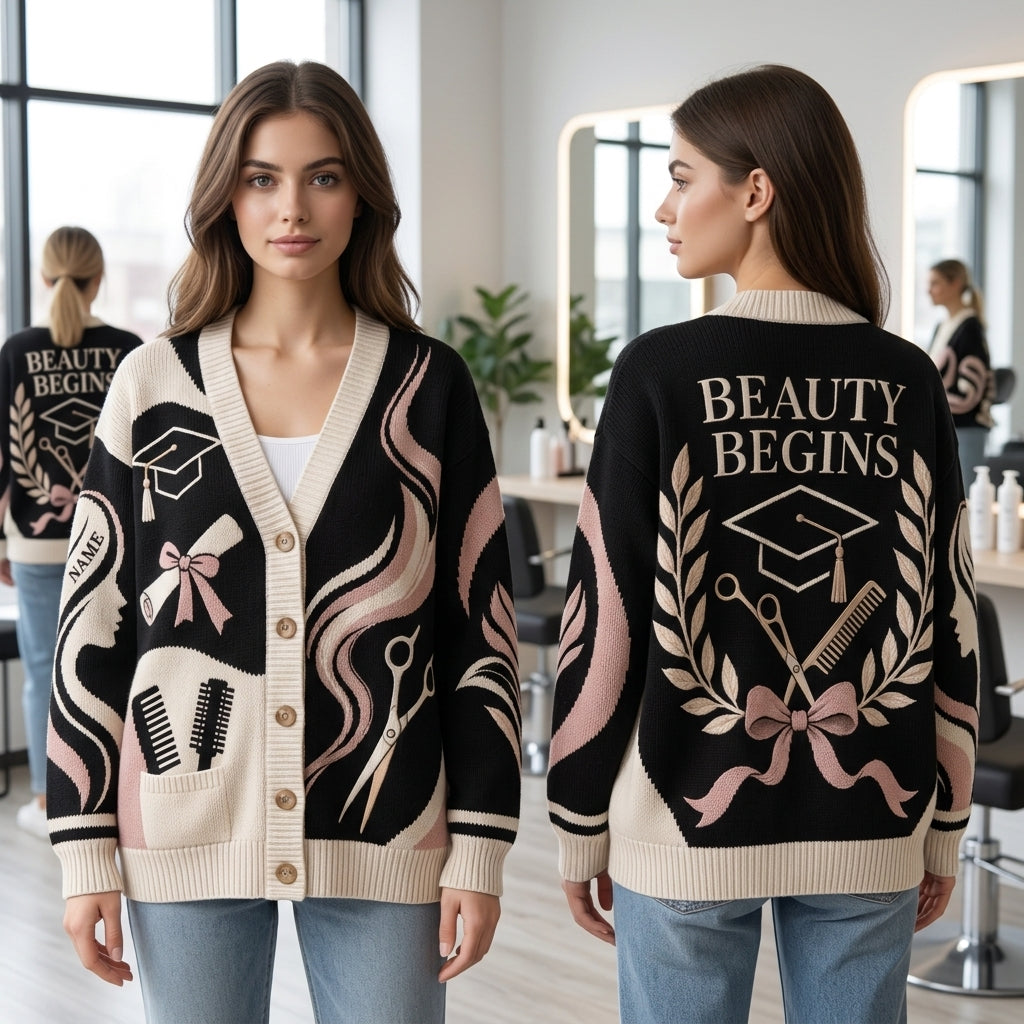 Custom Licensed Cosmetologist Graduation Knitted Cardigan – Beauty School Grad Gift - mockup 1