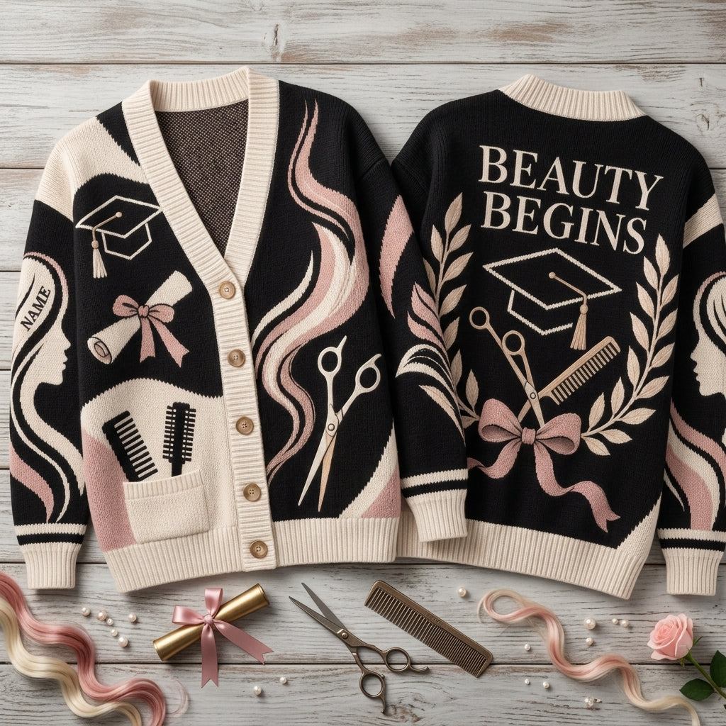 Custom Licensed Cosmetologist Graduation Knitted Cardigan – Beauty School Grad Gift - mockup 2