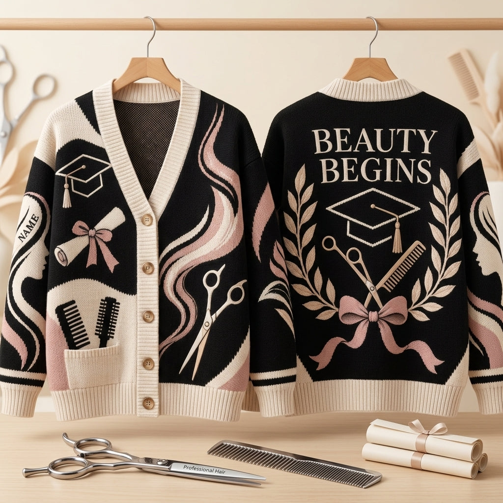 Custom Licensed Cosmetologist Graduation Knitted Cardigan – Beauty School Grad Gift - mockup 3