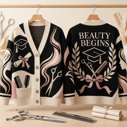 Custom Licensed Cosmetologist Graduation Knitted Cardigan – Beauty School Grad Gift - mockup 3