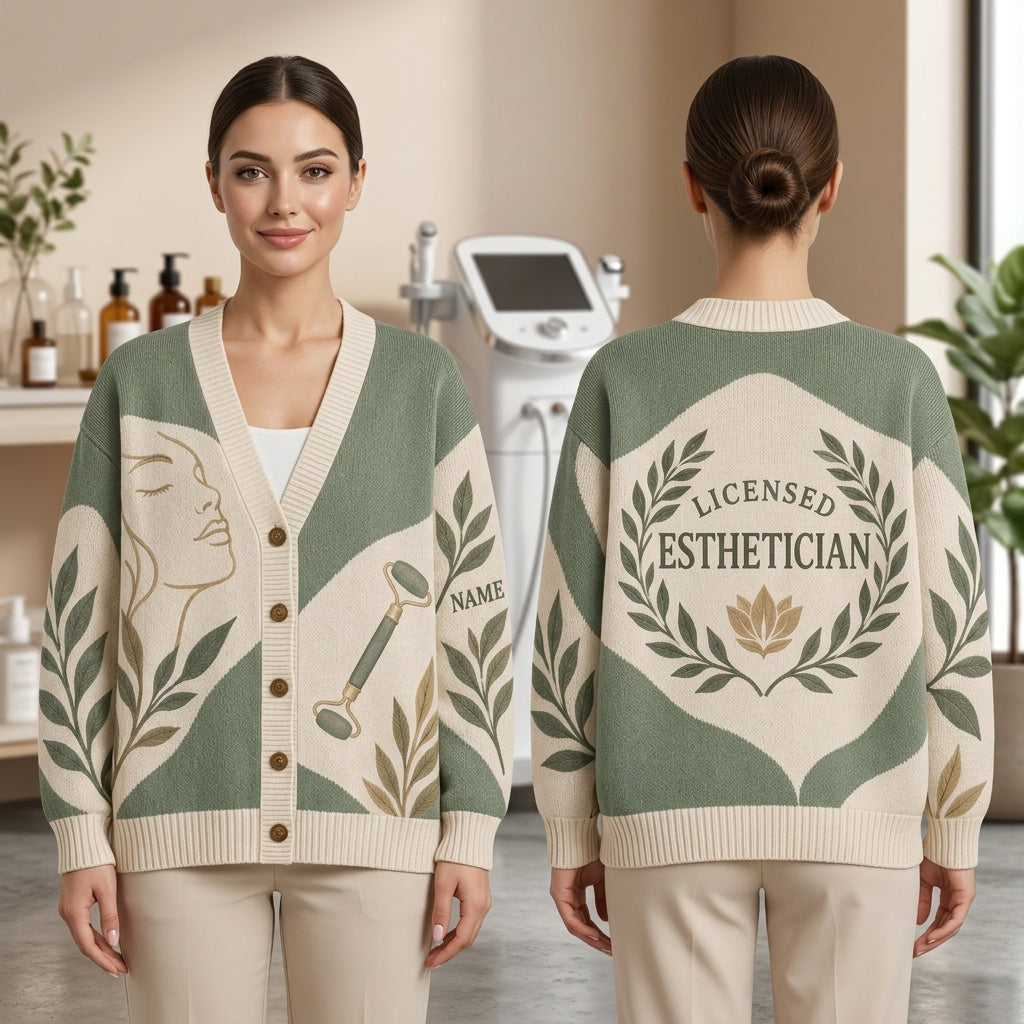Personalized Glow Maker Esthetician Knitted Cardigan – Gift for Licensed Skin Care Professionals - mockup 1