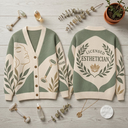 Personalized Glow Maker Esthetician Knitted Cardigan – Gift for Licensed Skin Care Professionals - mockup 2