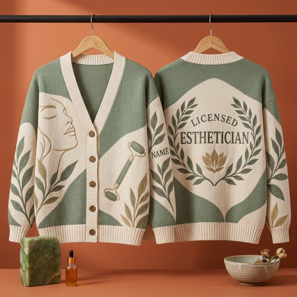 Personalized Glow Maker Esthetician Knitted Cardigan – Gift for Licensed Skin Care Professionals - mockup 3