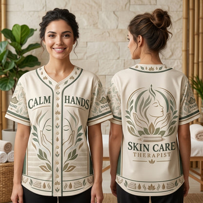 Custom Calm Hands Skin Care Therapist Baseball Jersey - Personalized Spa Uniform - mockup 1