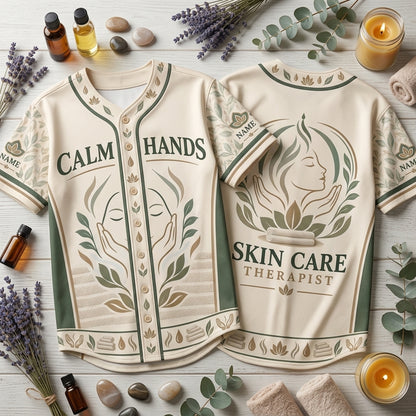 Custom Calm Hands Skin Care Therapist Baseball Jersey - Personalized Spa Uniform - mockup 2