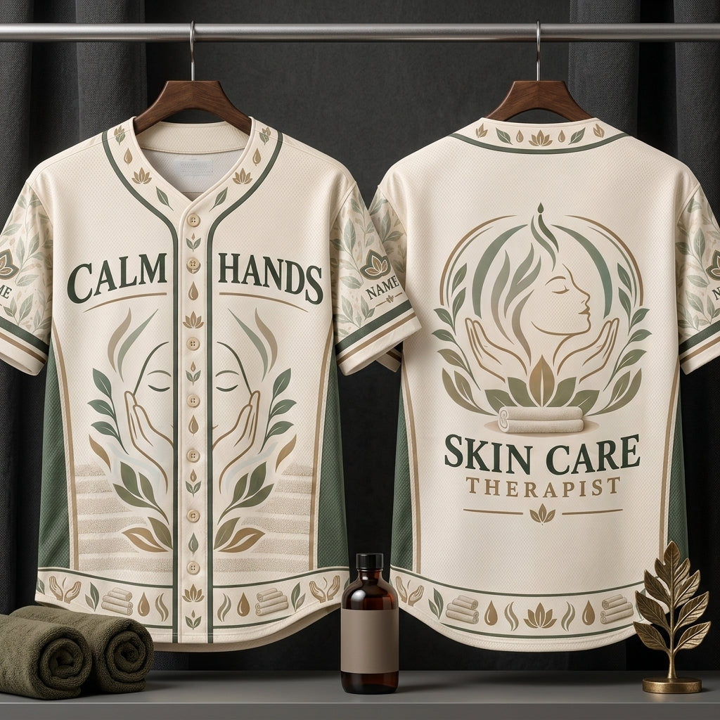 Custom Calm Hands Skin Care Therapist Baseball Jersey - Personalized Spa Uniform - mockup 3